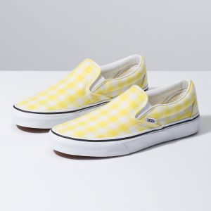 Vans Bayan Kaykay Ayakkabısı Gingham Slip-On Sarı/Beyaz Outlet | 39675-987